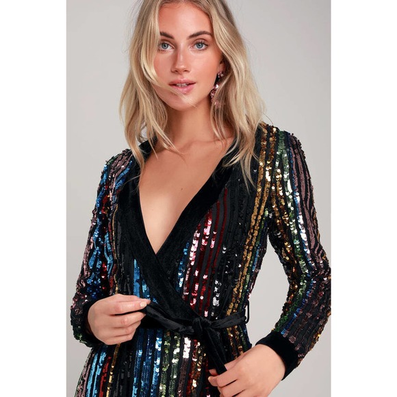 Lulu's Pretty Prismatic Rainbow Striped Sequin Midi Robe Dress TS Era's Style S - Picture 3 of 15